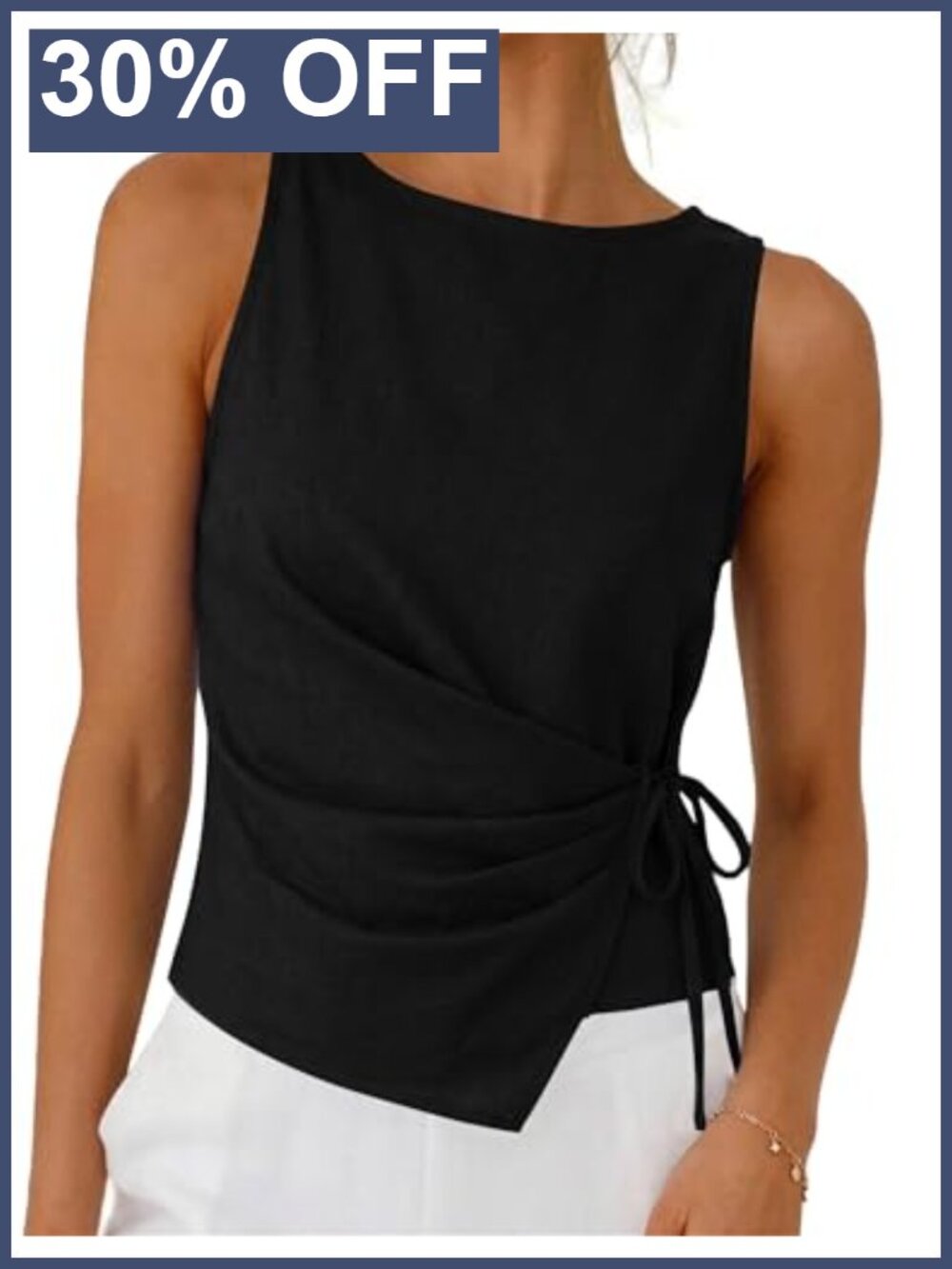 Linen Cotton Tie Wrap Sleeveless Crop Tank Top Ruched Asymmetrical Women